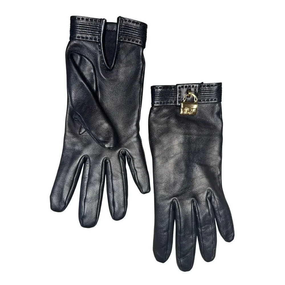Hermes Kelly Constance Gold Amulette Black Lambskin Leather Gloves Size XS 6.5